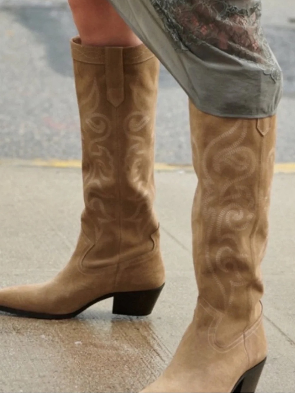 Zara Tan Suede Western Knee Boots